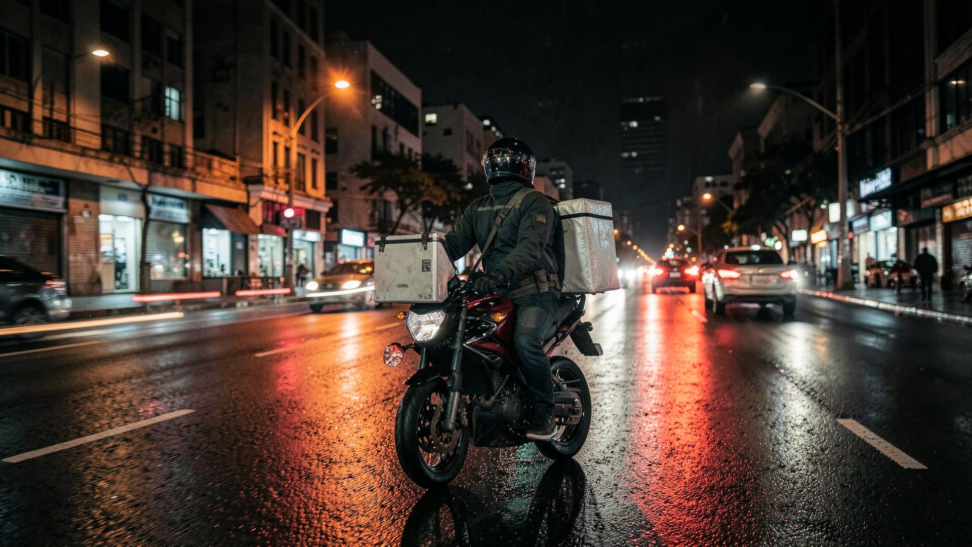 Motoboy com baú de entrega circulando por avenida da cidade à noite