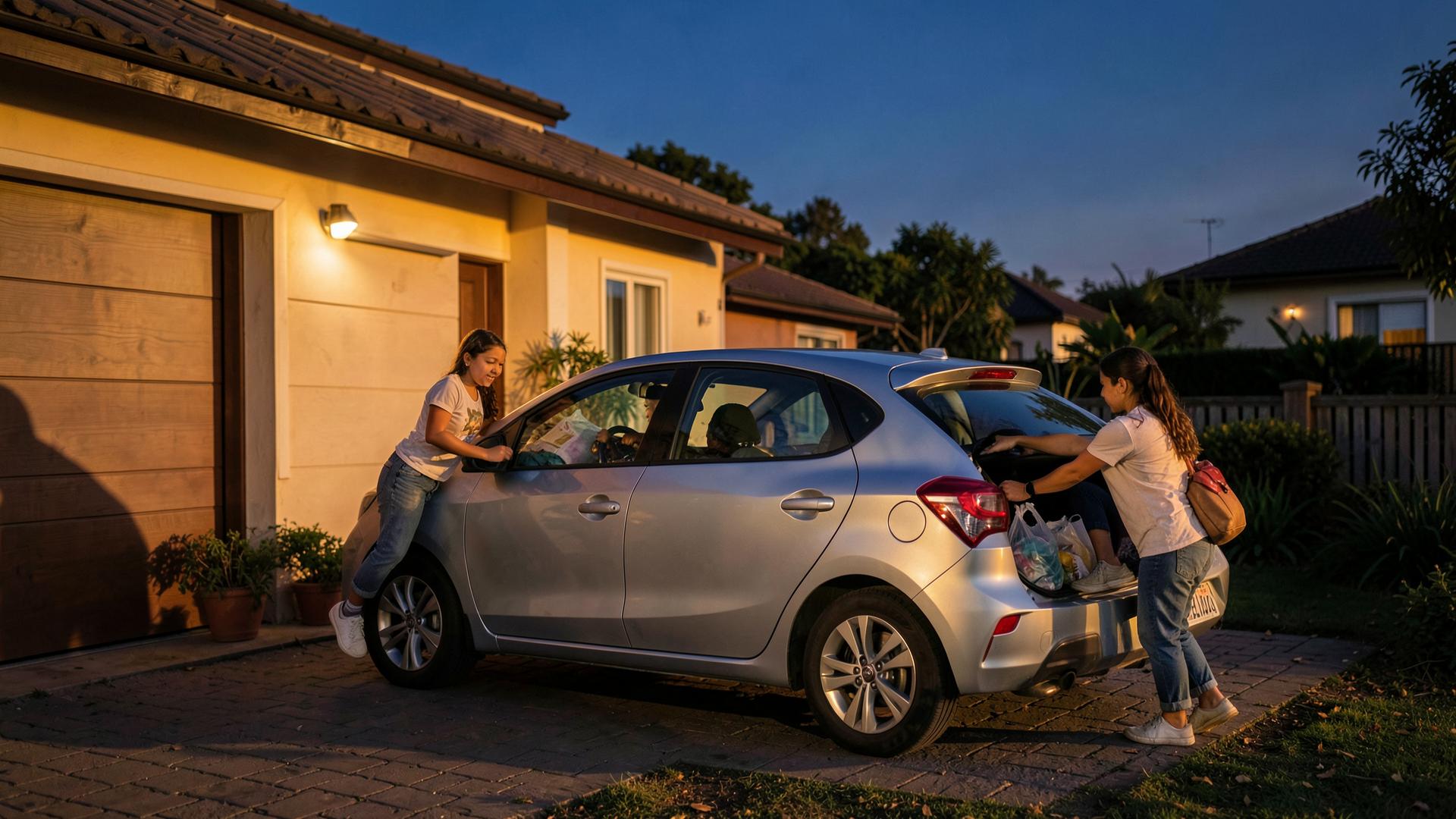 Família guardando compras no porta-malas do carro em frente de casa no fim da tarde